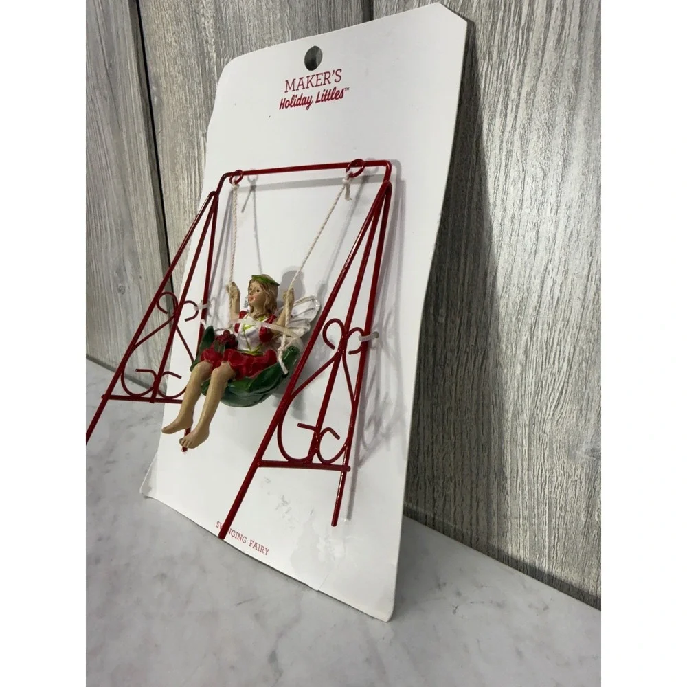 Makers Holiday Littles Swinging Fairy Miniature Figurine Red White Green 1550